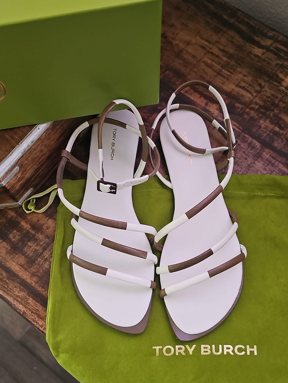 NWT Tory Burch Women's Mignon Brown & White Strappy Sandals - Size 8.5
